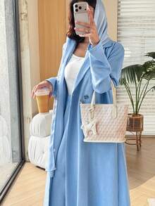 Yasveil Suit Peak Lapel Double-Breasted Long Sleeve Abaya And Elastic Waist Flared Skirt Set - Blue - View 7