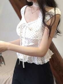 DAZY 女款韓式波點優雅青春短袖蝴蝶結T恤 夏季可愛外出上衣 - 白色 - 查看 6