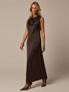 COSMINA Women's Casual Elegant Cowl Neck Satin Maxi Dress Formal Dark Brown  Dress Wedding Guest Dress  Graduation Dress Work Dress - Brown - View 6