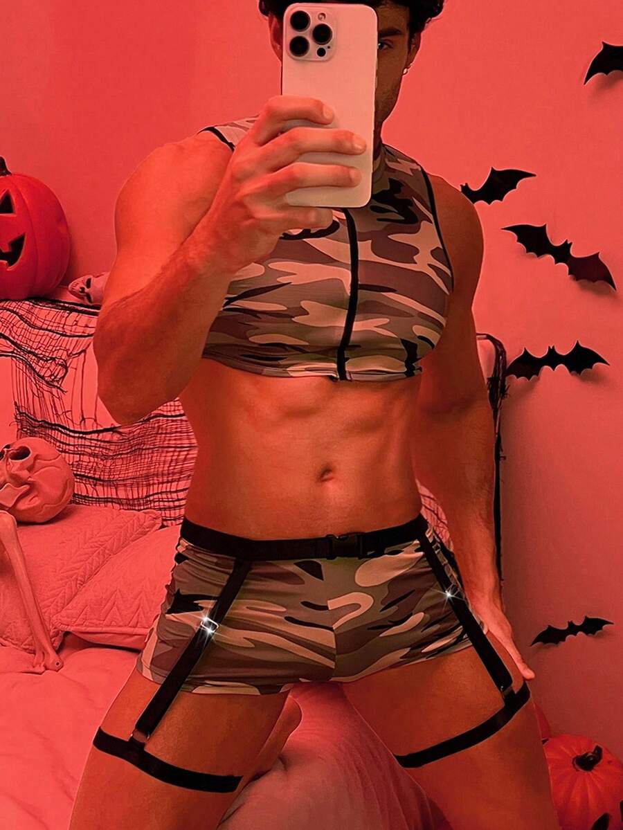 SHEIN DrisQ Men's Sexy Camouflage Costume Set (Top, Shorts, Leg Ring, Hat) - Army Green - View 1