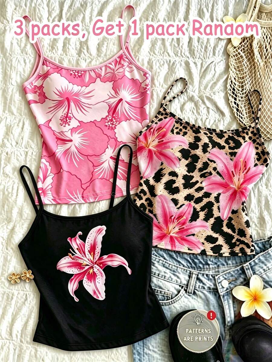 SHEIN 女童細肩帶背心盲盒,3款隨機抽1件,黑色、粉色、豹紋、花卉滿版印花,適合外出、居家、旅行、度假,四季皆宜 - 彩色 - 查看 1