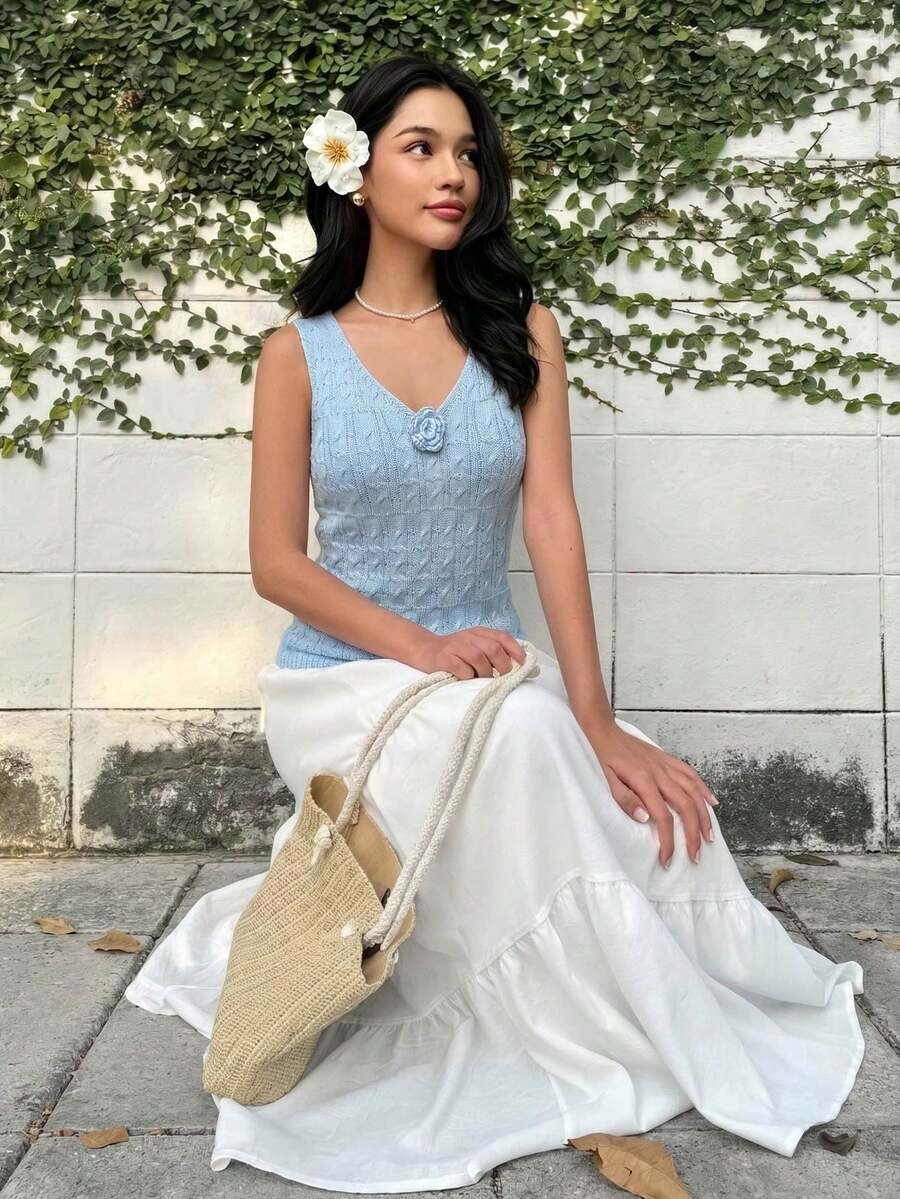 Yunfilé V-Neck Textured Camellia Knit Top For Women, Summer Vacation Light Blue Elegant - Baby Blue - View 1