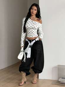 Coolane Women Fall/Winter Daily Wear Essentials Knit Stretchy Comfy Asymmetrical Neck Polka Dot Long Sleeve Tops - Black and White - View 3