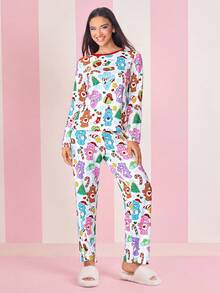 SHEIN X Care Bears Ensemble pyjama haut à manches longues et pantalon à motif de dessin animé, vêtements d'automne-hiver, Noël - Multicolore - Voir 1