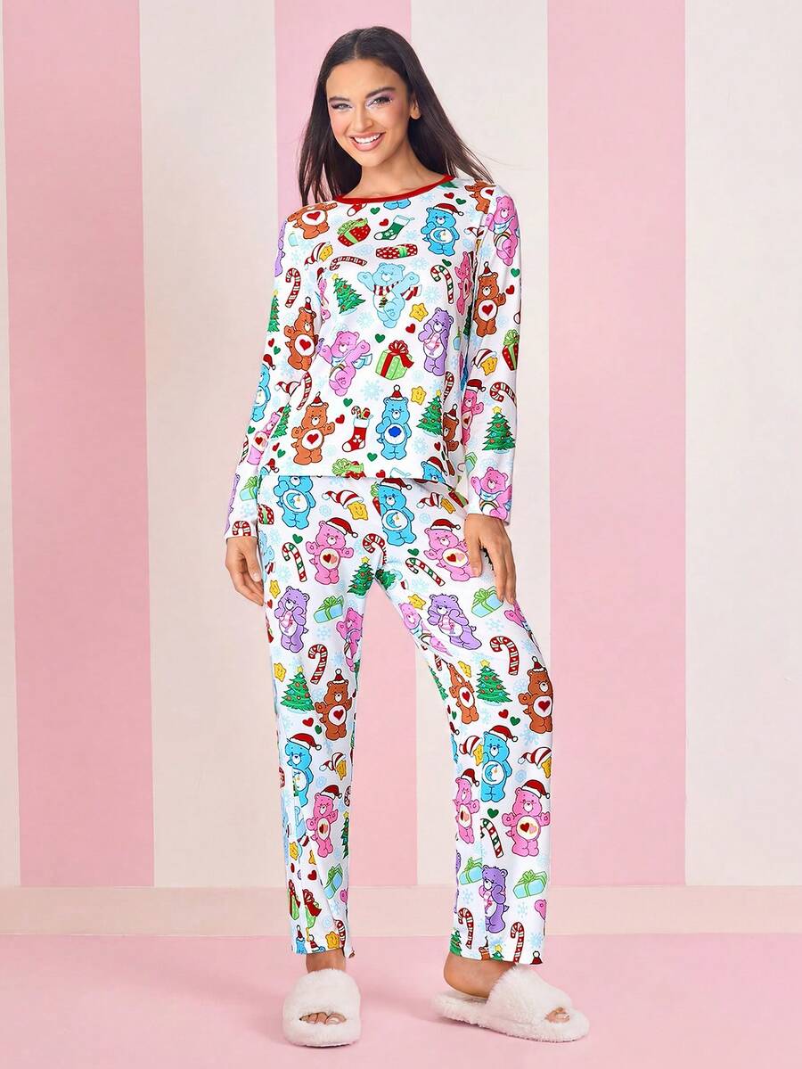 SHEIN X Care Bears Ensemble pyjama haut à manches longues et pantalon à motif de dessin animé, vêtements d'automne-hiver, Noël - Multicolore - Voir 1