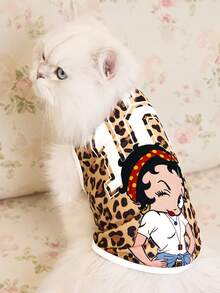 Betty Boop x SHEIN 1 件卡通图案印花宠物背心，猫咪衣服，狗狗衣服，尺码 XXS-XXXXL，特小号，特大号，豹纹印花，性感，甜美，俏皮。 - 豹紋 - 查看 2