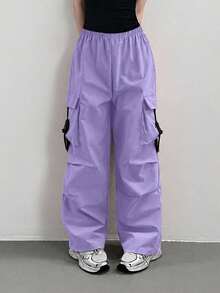 Tween Girls' Elastic Waist Cargo Pocket Pleated Loose Leg Pants - Purple - View 4