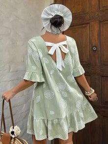 Lounesse Plus Size Women Casual Cute Floral Print Dress With Bow Tie Back Design Vacation Light Green Summer - Multicolor - View 9