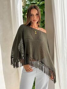 Firerie Women's Casual Tropical Solid Color Tassel Hem Top For Vacation Beach Vacation Olive Green Autumn - Apricot - View 7