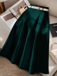 GlowEve CURVE Plus Size Women Elegant Solid Color Umbrella Green Skirt Teal - Dark Green - View 5