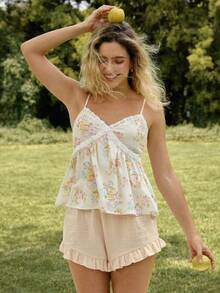 WESTFADE Débardeur Babydoll sans manches à col en V, imprimé floral et nœud dans le dos - Multicolore - Voir 1