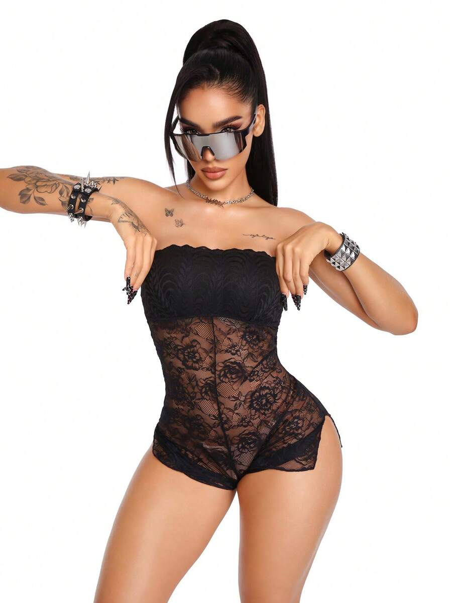 AltBold 1pc Lace Patchwork Bodysuit - Black - View 1