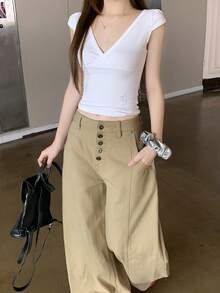 DAZY 女款休閒寬鬆寬腿弧形下擺牛仔褲 夏季 - 卡其色 - 查看 7