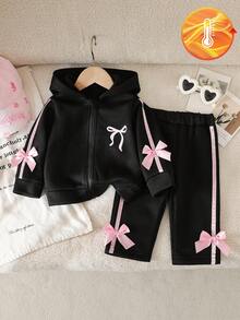 SHEIN 2件組女嬰春/秋季黑粉對比甜美運動風蝴蝶結裝飾連帽拉鍊外套 & 束口長褲套裝，寬鬆舒適版型，適合日常出遊、學校活動、戶外玩耍、家庭聚會、拍照 - 黑色 - 查看 5
