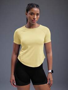 Powerista T-shirt de sport et fitness décontracté à manches courtes raglan de couleur unie pour femmes - Jaune citron - Voir 5