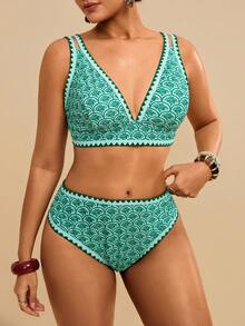 Travachic Plus Size Women Fuchsia Floral Print Swimwear Set - Green - View 7