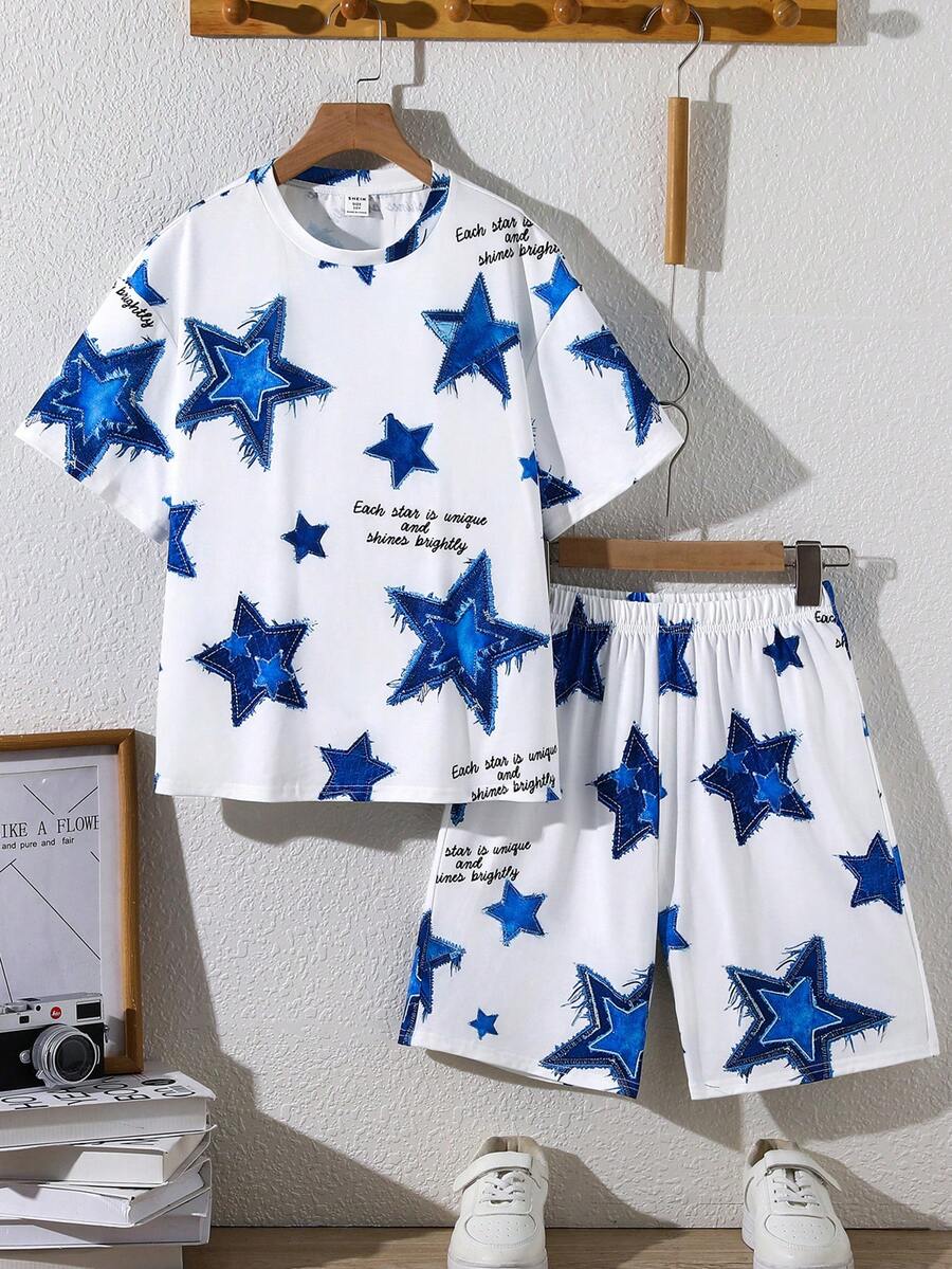 SHEIN 兒童 2件組 青少年男孩休閒街頭風仿丹寧星星圖案套頭T恤與短褲套裝，適合學校、花園、海灘、生日，春夏季 - 白色 - 查看 1