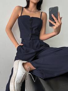 DAZY 2pcs Off-Shoulder Backless Camisole Top & High Waist Loose Casual Suit Pants Set - Navy Blue - View 1