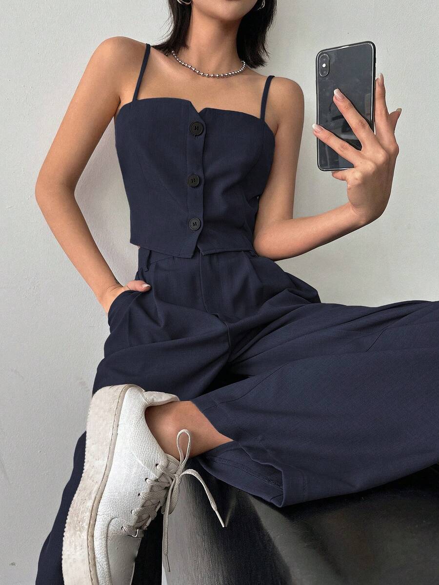 DAZY 2pcs Off-Shoulder Backless Camisole Top & High Waist Loose Casual Suit Pants Set - Navy Blue - View 1