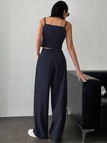 DAZY 2pcs Off-Shoulder Backless Camisole Top & High Waist Loose Casual Suit Pants Set - Navy Blue - View 2