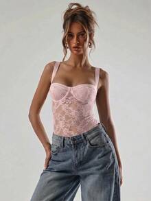 MUSERA Diamante Lace Bodysuit Sexy Club Vacation Summer Rave Holiday Festival Western Night Out Date Night Fall Evening New Year Spring Elegant - Pink - View 1