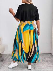 SHEIN CURVE+ Vestido de Talla Grande con Estampado de Bloques de Color y Patchwork - Multicolor - Ver 2