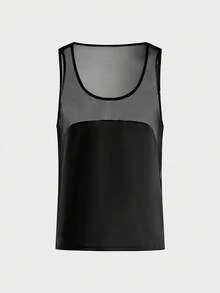 FeverCity Men's Solid Color Contrast Mesh Crew Neck Casual Tank Top - Black - View 2