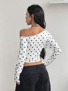 Coolane Women Fall/Winter Daily Wear Essentials Knit Stretchy Comfy Asymmetrical Neck Polka Dot Long Sleeve Tops - Black and White - View 7