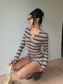 Aloruh Brown Striped Long Sleeve Top And Shorts Set, Casual Retro Vintage 70s 2000s Two Pieces Outfit For Spring And Autumn Everyday - Brown - View 7
