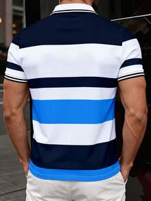 Manfinity Dauomo 夏季休閒上衣 男款標準尺寸 POLO 衫，對比圖案，經典多色條紋鷹圖案印花，圖形設計，日常辦公休閒商務風上衣 - 彩色 - 查看 2