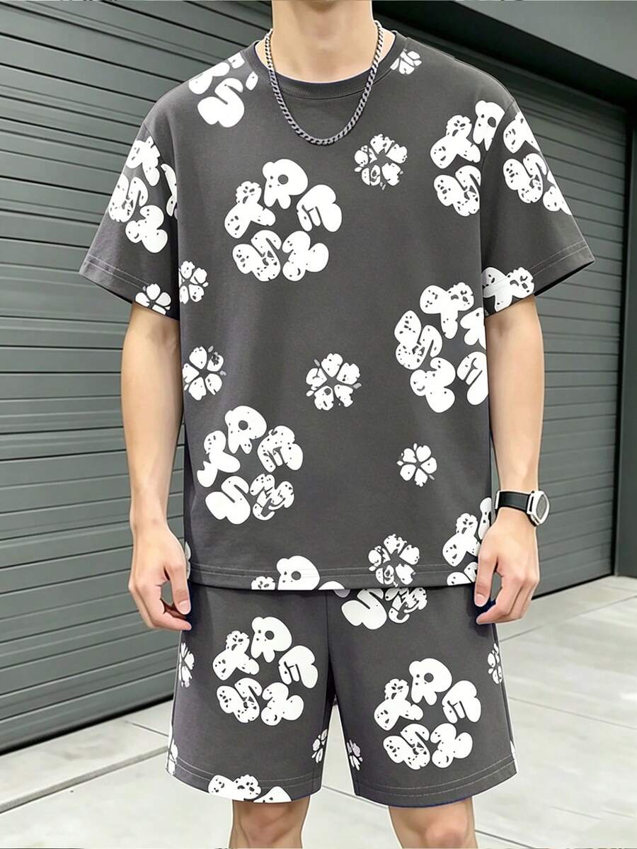 青少年男孩數位花卉剪影圖案短袖上衣與短褲套裝,春夏休閒舒適時尚風格,適合外出、戶外運動、野餐、街拍、度假、節日、送禮 - 彩色 - 查看 1