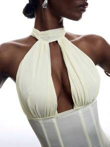 LYSMO Top romántico y sexy con espalda descubierta y cuello halter - Amarillo claro - Ver 4