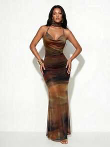 Normani Women's Pastal Draped Neck Fitted Elegant Sexy Long Dress Golf - Chocolate Brown - View 3
