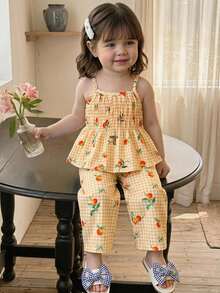 SHEIN Vintaside Kids 女嬰夏季兩件套，黃橘格紋與橘色印花無袖上衣搭配同款長褲，清新田園風，適合海邊度假、公園出遊、日常穿著、舞蹈日穿搭 - 黃色 - 查看 2