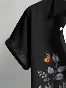 NEOREFINED 男士花卉蝴蝶印花短袖襯衫，休閒百搭日常襯衫 - 黑色 - 查看 4