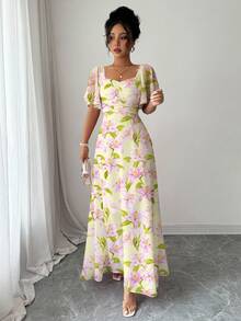 Modelyn Women's Chiffon Printed Batwing Sleeve Drawstring Sweet French Style Charming Dress, Spring/Summer - Yellow - View 3