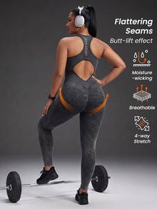 Powerista Jumpsuit Olahraga Pembentuk Tubuh Wanita Ukuran Besar dengan Motif Huruf, Potongan Belakang Model Racerback, Tanpa Jahitan, Cocok untuk Gym, Lari, Olahraga, Kebugaran, Bernapas, Sepanjang Musim - Grey - View 2
