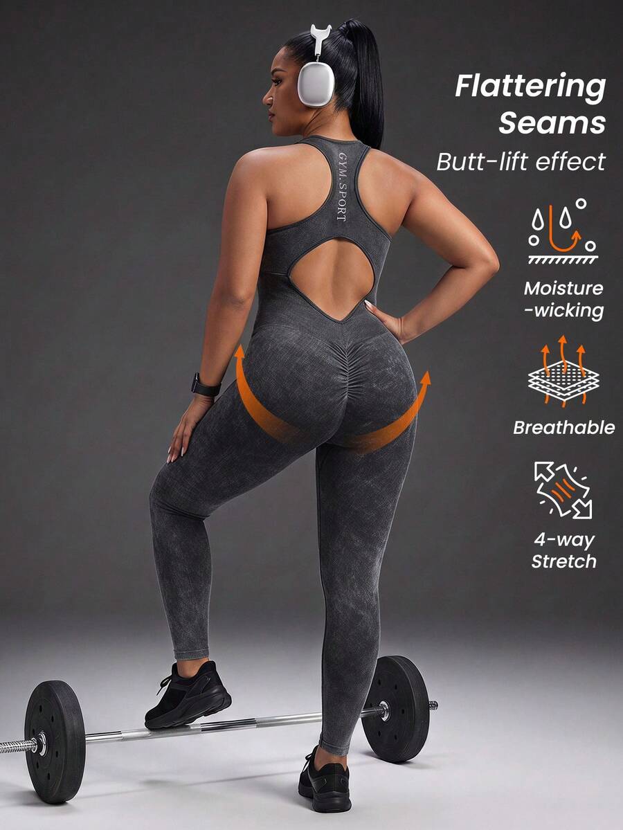 Powerista Jumpsuit Olahraga Pembentuk Tubuh Wanita Ukuran Besar dengan Motif Huruf, Potongan Belakang Model Racerback, Tanpa Jahitan, Cocok untuk Gym, Lari, Olahraga, Kebugaran, Bernapas, Sepanjang Musim