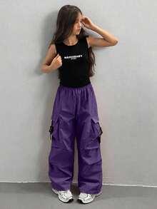 SHEIN Sparklyn 少女纯色弹力腰带工装口袋褶裥休闲裤 - 紫色 - 查看 4