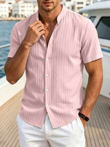VENTUSAIL Men's Solid Colour Casual Short-Sleeve Shirt, Summer Vacation, Vintage Style For Men - Pink - View 3