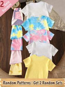 (Random 6 Sets,Send 2 Set)Summer Girls' Creative Personality Tie Dyeing Flower Shining Bow Pattern Printed Basic Short T+Shorts Set - Multicolor - View 2