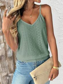 Breezaya Women's Solid Color Textured Hollow Out Camisole Vacation Sage Green Summer Boho Casual - Green - View 3