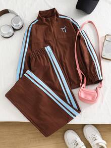 SHEIN Tween Girls Long Sleeve Fleece Fall Outfits Back To School Fall Casual Cute Daily Bow Striped Jacket Pants /Set Zipper Front - Brown - View 8