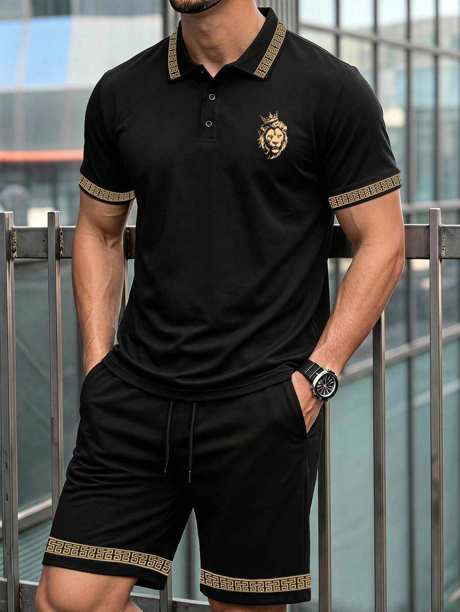NEOREFINED 男士經典時尚休閒黑色 Polo 衫,皇冠獅子印花,短袖 Polo 套裝 - 彩色 - 查看 1