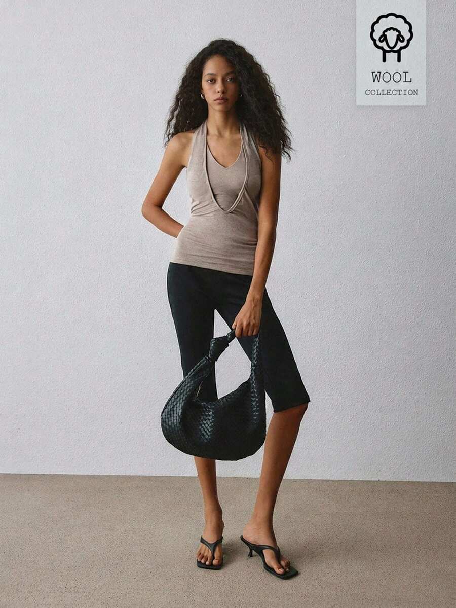 ATUI Studio Women's Halter Neck Mock Two Layer Backless Tank Top – Soft Wool Blend Sleeveless, Elegant Minimalist Casual For Summer Beach Goin Out, Party - Camel - View 1