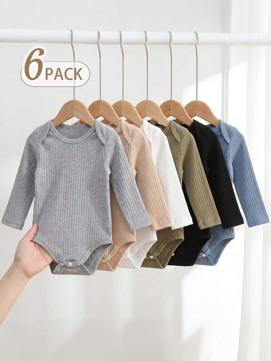 Souflis Souflis 6pcs/Pack Infant Newborn Casual Solid Color Versatile Long Sleeve Rompers Suitable For All Seasons - Multicolor - View 1
