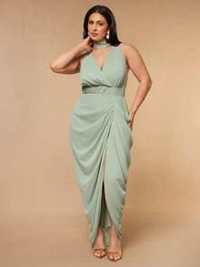 SHEIN BAE CURVE Plus Size Women's Sage Green Elegant Celestial Sexy Dress, Pleated Slit Asymmetrical Evening Wedding Guest Dinner Summer - Green - View 3