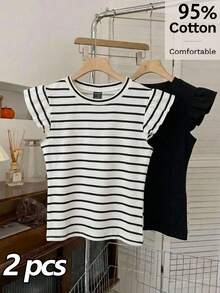 Tseoso 女款 2 件組 95% 棉荷葉袖 T-shirt，白色 + 黑白條紋，優雅復古風，適合上班與約會 - 彩色 - 查看 12