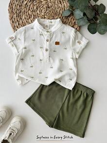 Cozy Pixies 2 件装男婴卡通椰子树图案立领短袖前按扣上衣和纯色松紧腰短裤套装 - 彩色 - 查看 1