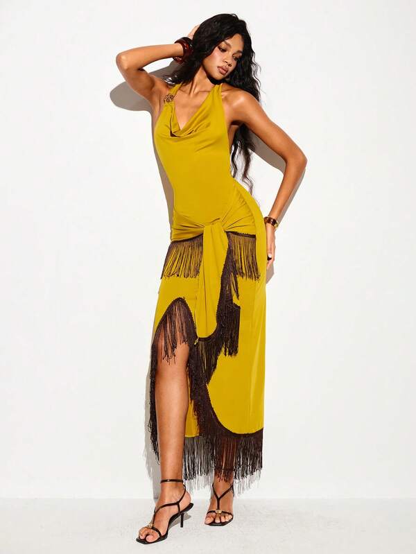 Barévion Mustard Yellow Draped Neck Cowl Neck Tassel Slit Dress, European And American Party Sexy Atmosphere Evening Gown